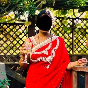 Red bright saree with golden blouse. Special designer Pallu. Worth $400.00